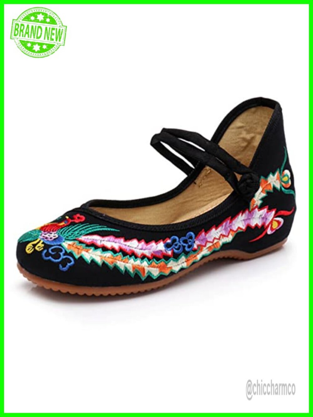 Chinese Embroidered Mary Jane Ballet Flats Cotton Rubber Sole Yoga Dance Shoes